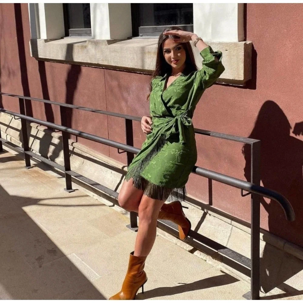 ZARA fringed Jacquard wrap dress green 2157/035 - Picture 4 of 16